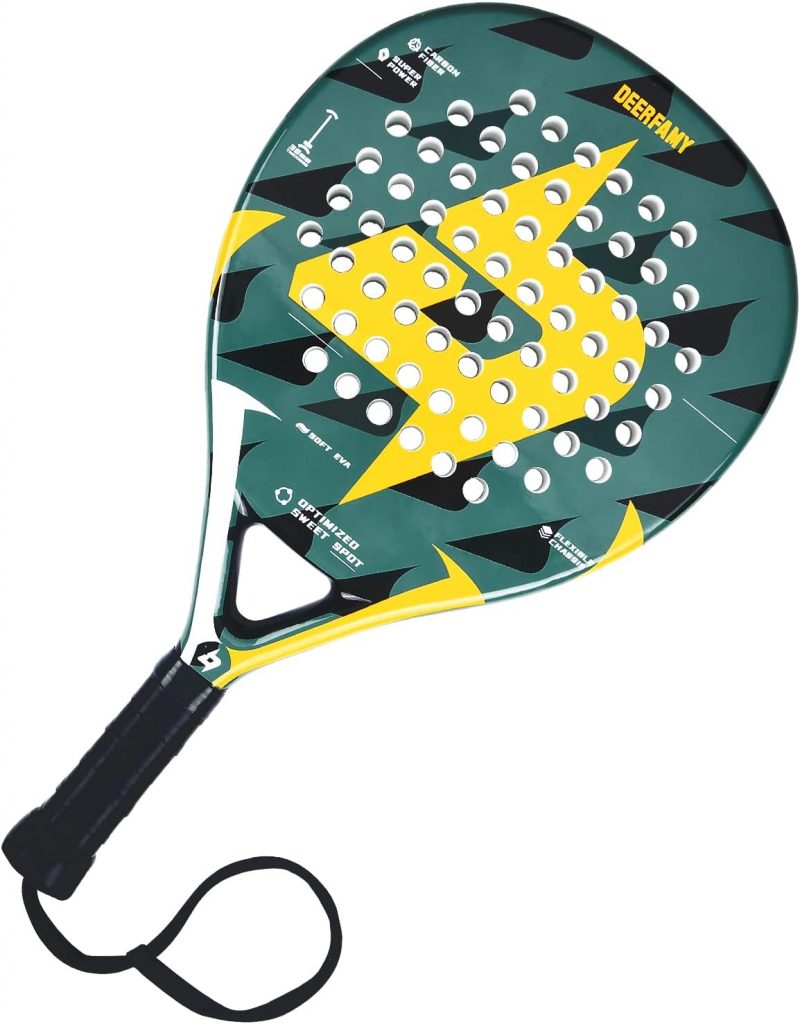 DEERFAMY Padel Racket EVA  Full Carbon, Durable and Ideal for Beginners, Increased Speed Thanks to 68 Hole Design, Non-Slip Grip and Wrist Cord Size: 47 x 26 x 3.8 cm, Unisex, Adult, 0.4 kg