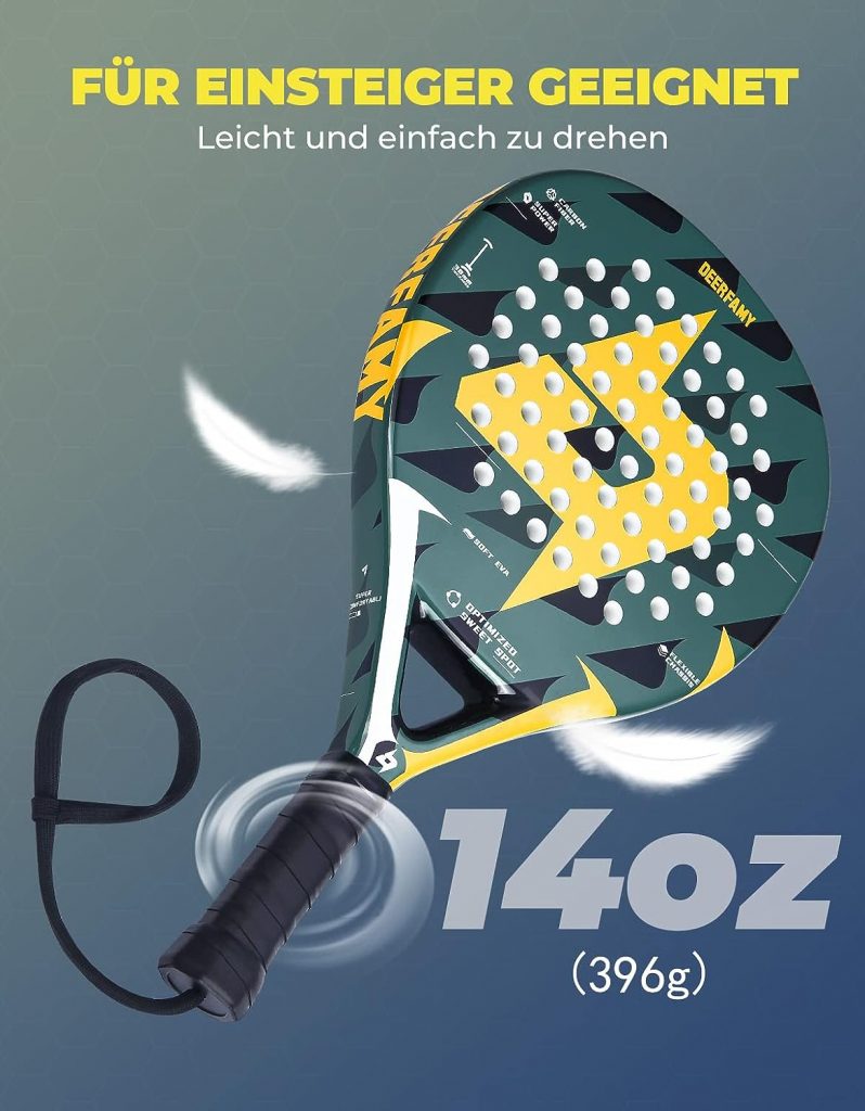 DEERFAMY Padel Racket EVA  Full Carbon, Durable and Ideal for Beginners, Increased Speed Thanks to 68 Hole Design, Non-Slip Grip and Wrist Cord Size: 47 x 26 x 3.8 cm, Unisex, Adult, 0.4 kg