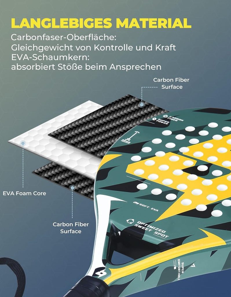 DEERFAMY Padel Racket EVA  Full Carbon, Durable and Ideal for Beginners, Increased Speed Thanks to 68 Hole Design, Non-Slip Grip and Wrist Cord Size: 47 x 26 x 3.8 cm, Unisex, Adult, 0.4 kg